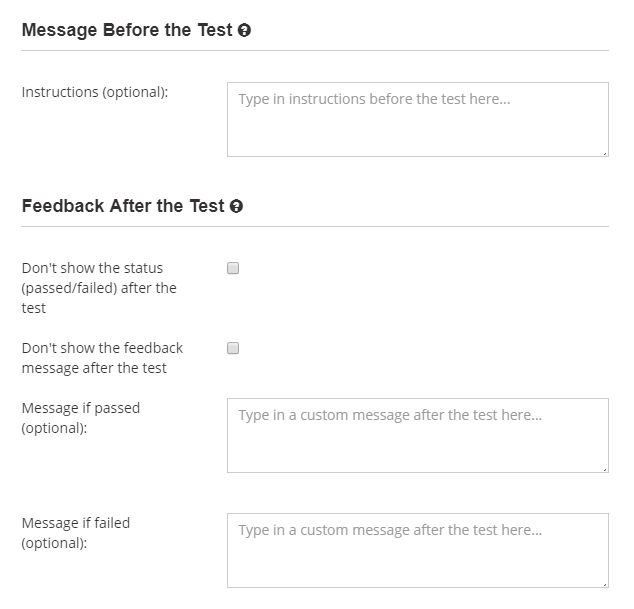 Prepare custom instructions and feedback messages after the test