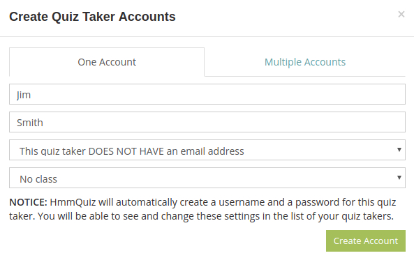 Create one quiz taker account in HmmQuiz