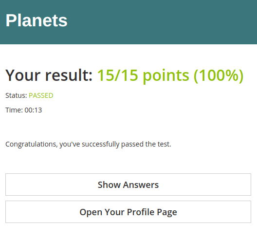 Default online test result page in HmmQuiz