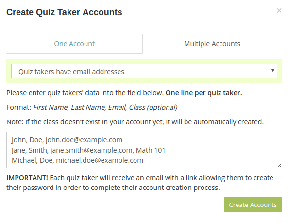 Add multiple test taker accounts with email addresses in your HmmQuiz account