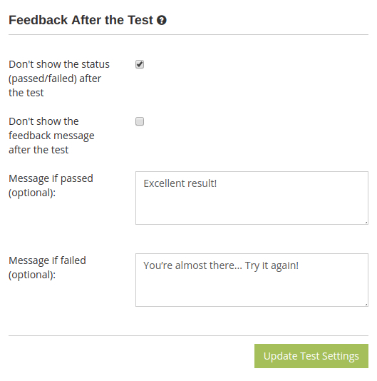 Online test result page settings in HmmQuiz