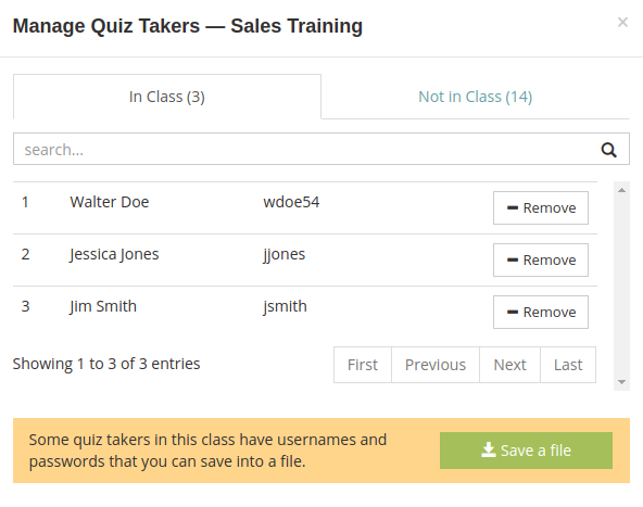 Add quiz takers to the class and save a file