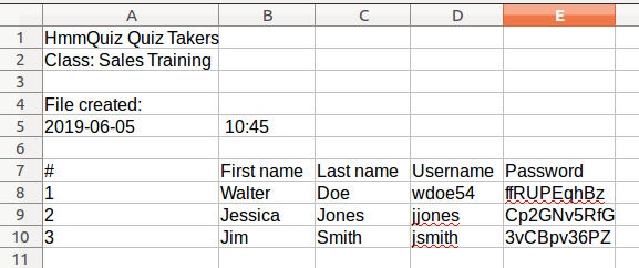 CSV file with quiz takers' data opened in the spreadsheet software