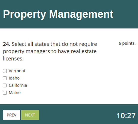 Property management quiz in online student assessment software